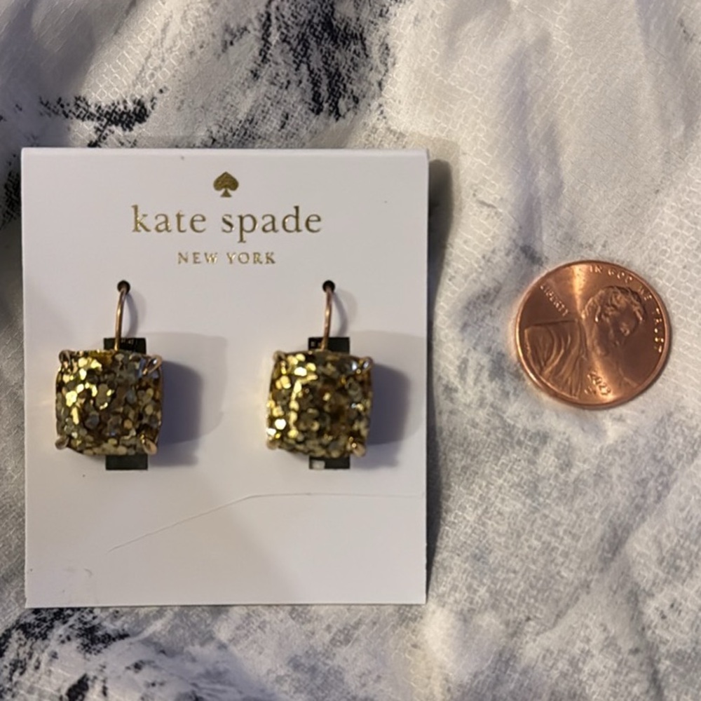 NEW Kate Spade Gold Glitter Earrings DROP SQUARE DIAMOND STUD SHIMMER PARTY ROCK